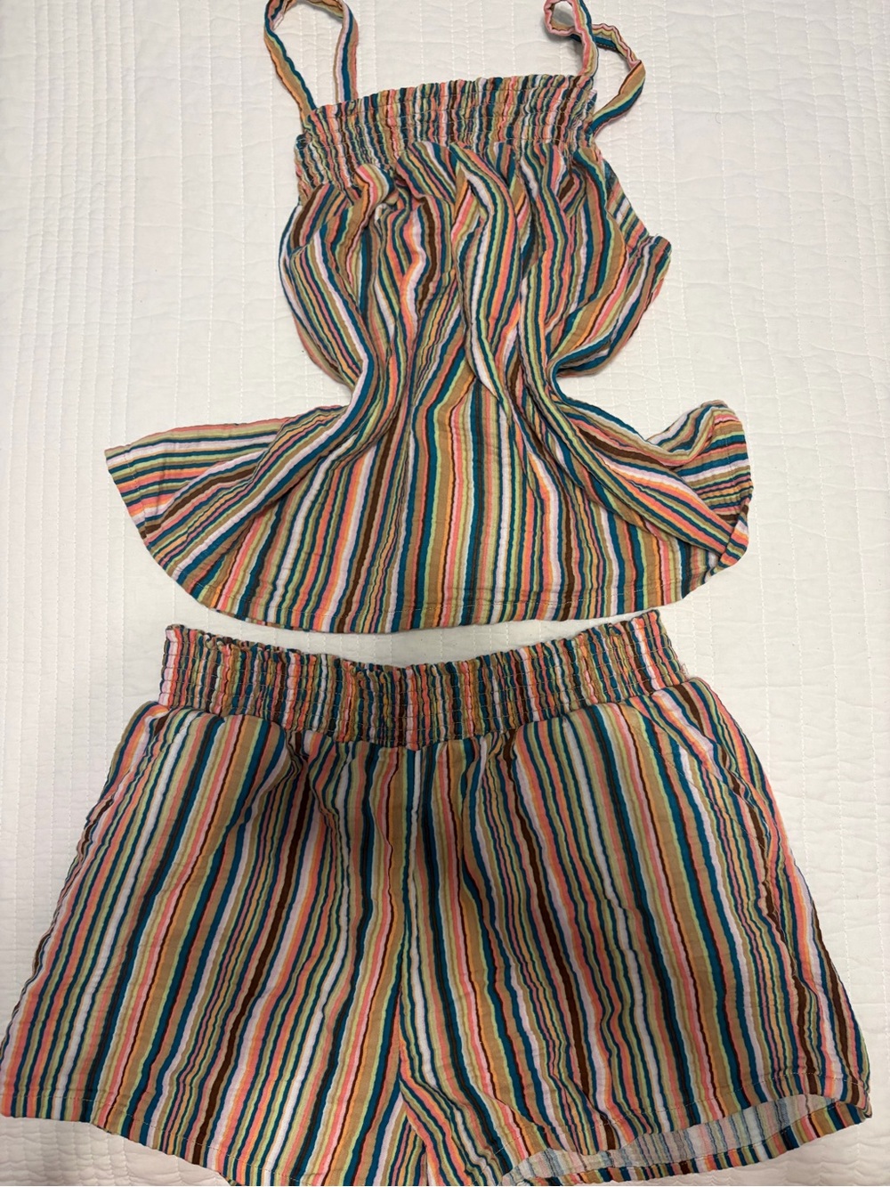 Striped Multicolor Smocked Two-Piece Pajama Set - Blue & Pink Accent
